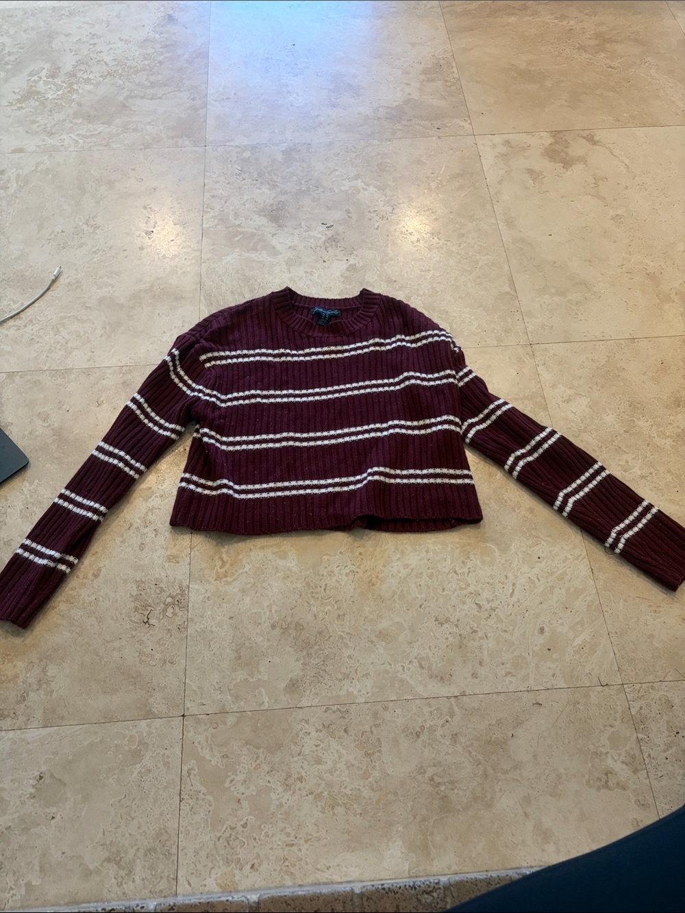Streetwear Society Burgundy and White Striped Cropped Crewneck Sweater